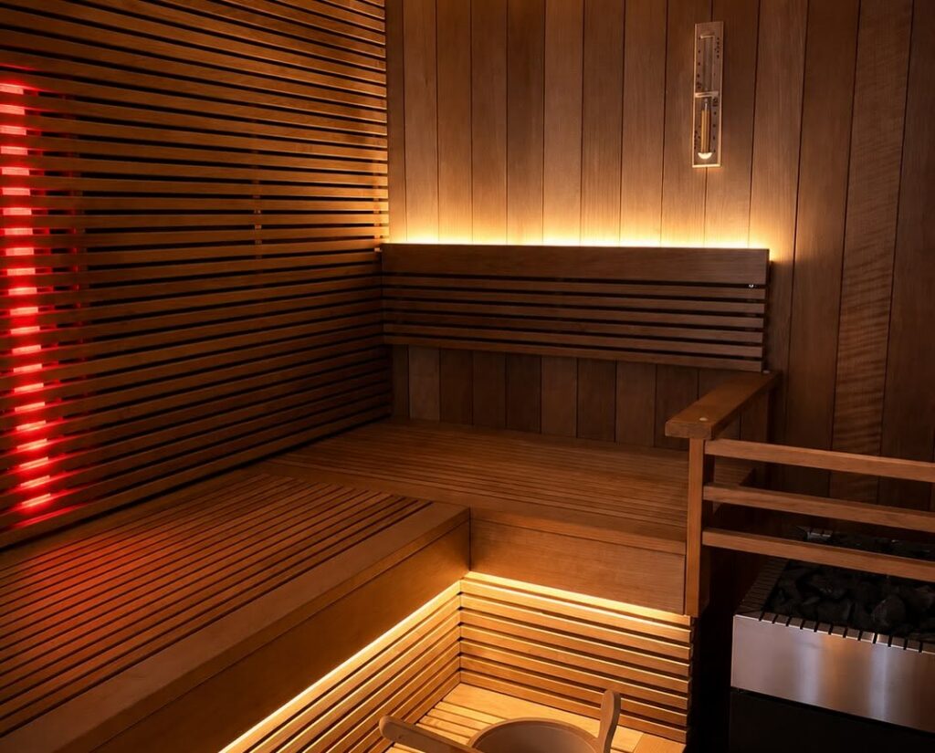 Hybrid sauna interior with backlit slatted walls by Nordik Wellness