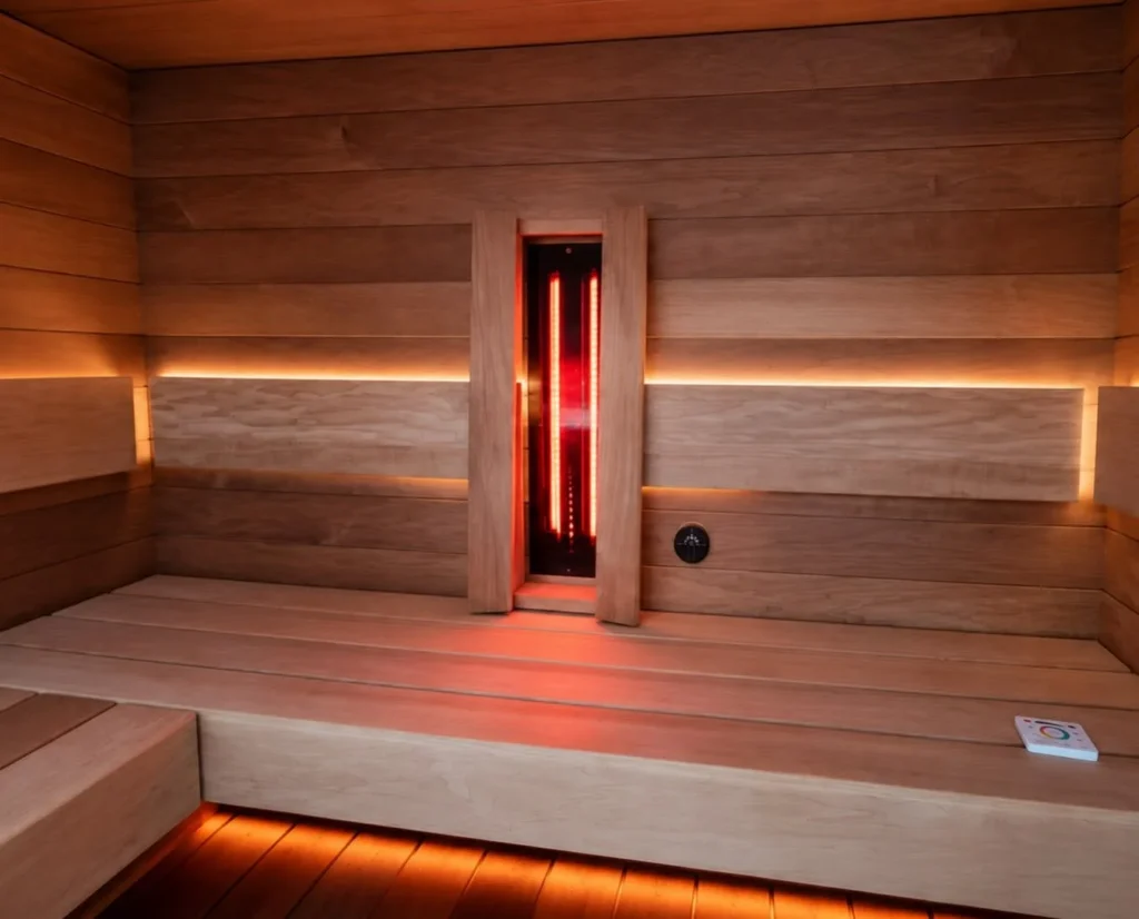 Hybrid sauna with an infrared panel between the benches by Nordik Wellness