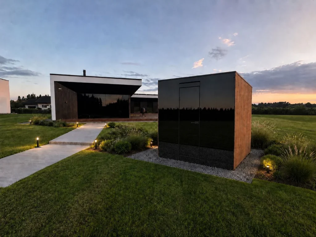 Signature M outdoor sauna at dusk, black glazed end and vertical timber cladding, lit garden path alongside
