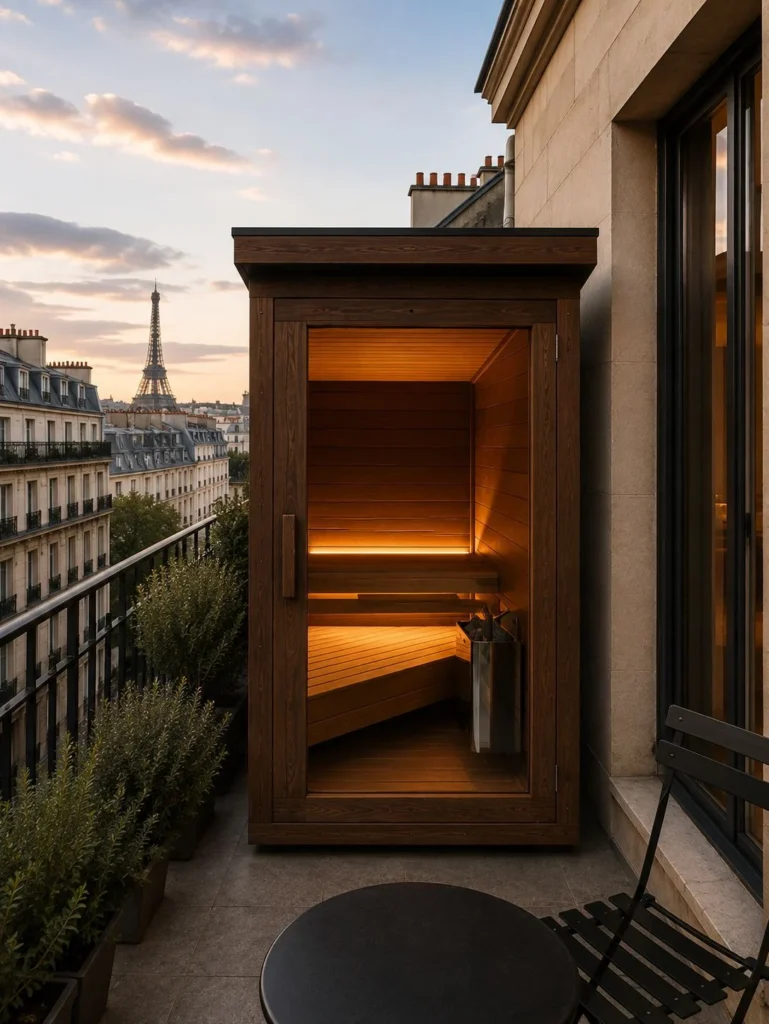 Mini sauna on a city balcony at dusk, thermo-treated timber cabin with a glazed door and lit interior benches