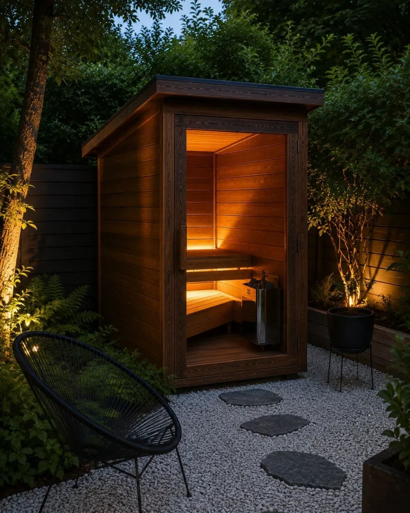 Mini sauna in a planted garden courtyard at dusk, timber cabin with a glazed door, lit benches and a stainless heater