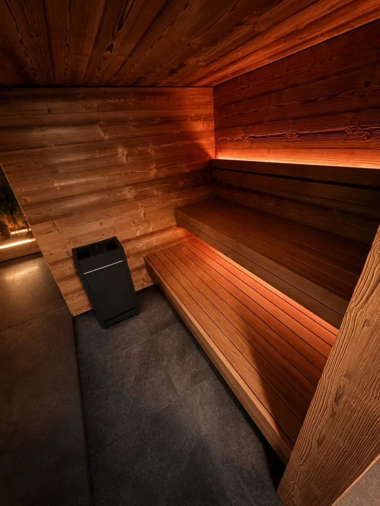 Signature L sauna interior with wraparound timber benches and a wall-mounted heater