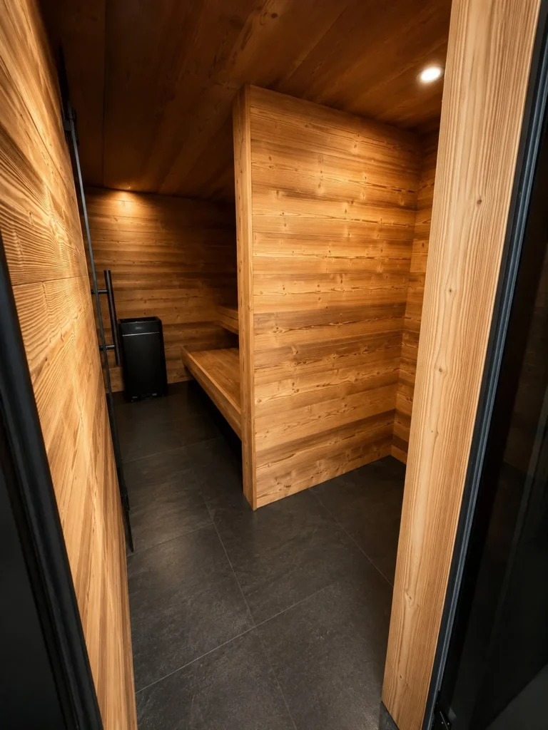 Signature L sauna interior showing the corner bench and the heater